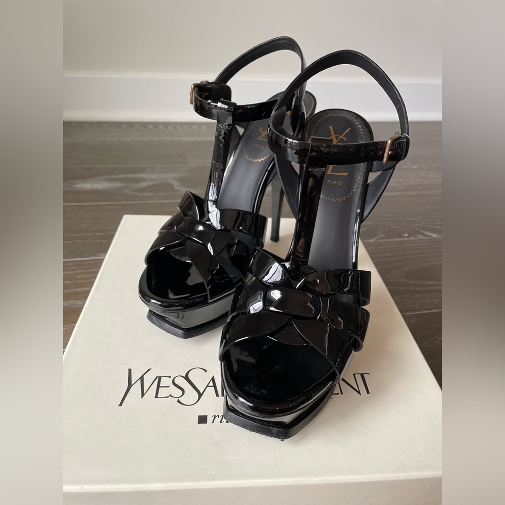 SAINT LAURENT Tribute T-Strap Platform 
Sandal, size 38.5